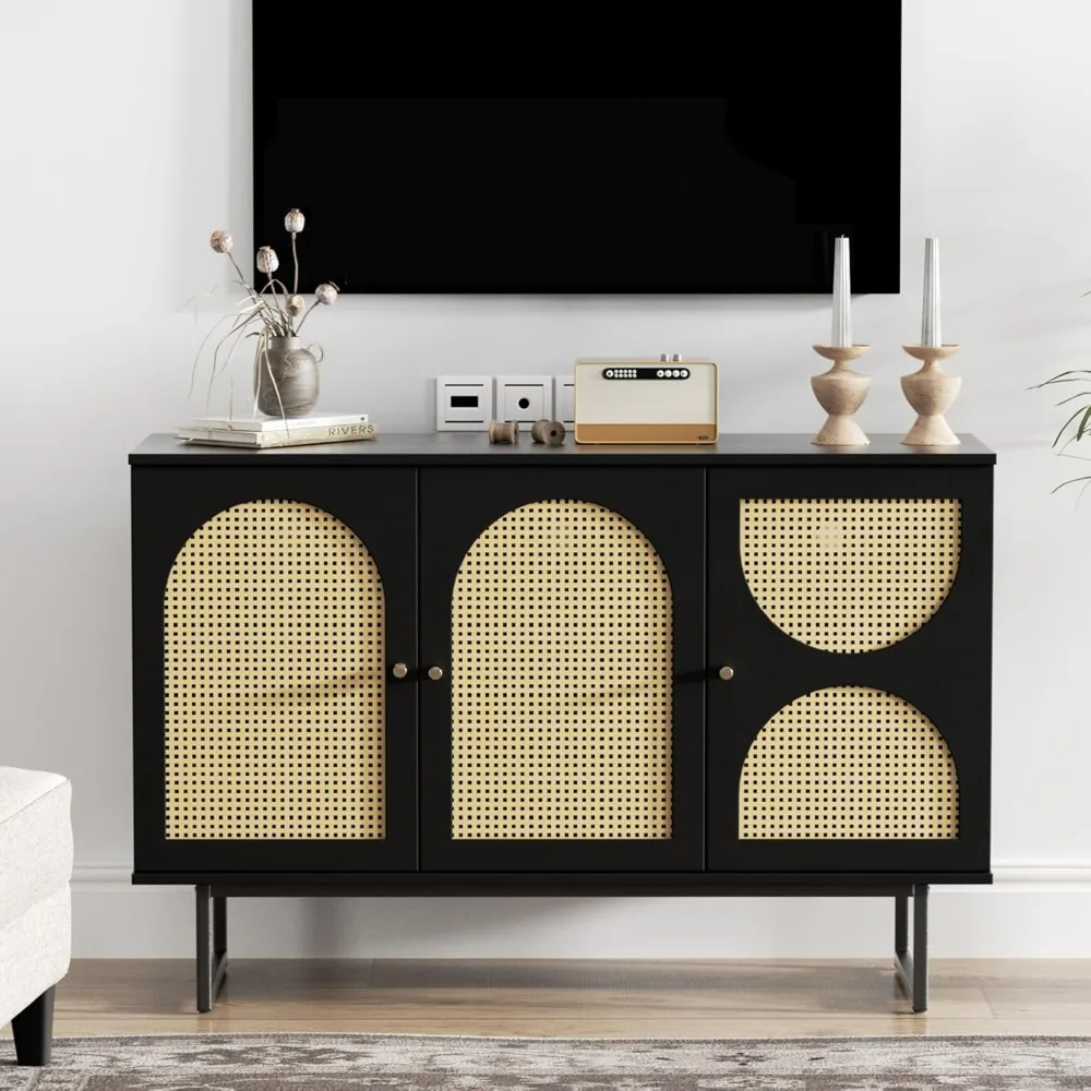 

Storage Cabinet with 3 Arched Rattan Doors, Rattan Sideboard Buffet Cabinet with Storage, Boho Entryway Table Console TV Stand