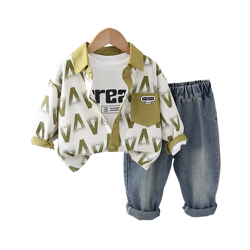 

Kids Tracksuit Sets 2024 Korean Fashion Letter Print Turn-down Collar Shirts + T-shirts + Pants Outfits for Boys' Autumn Clothes