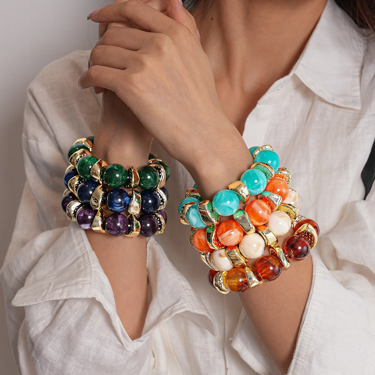 7 Styles Trendy Splicing Acrylic Round Beads Bracelets Bohemian Thick Irregular Resin Elastic Bangles Retro Jewelry for Women F