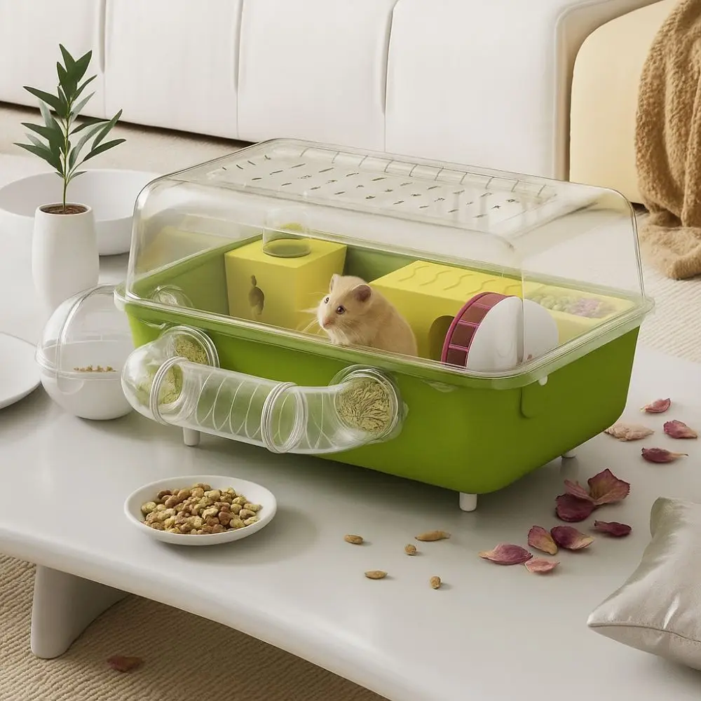 رؤية بانورامية قفص الهامستر عجلة الجري زجاجة ماء قفص مراقبة الحيوان التهوية البلاستيكية الهامستر فيلا فاخرة #2