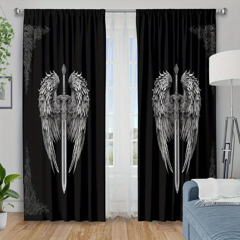 Gothic Angel Wings Curtains, Black Sword Print Drapes for Bedroom, Dark Fantasy Window Treatment Home Decor