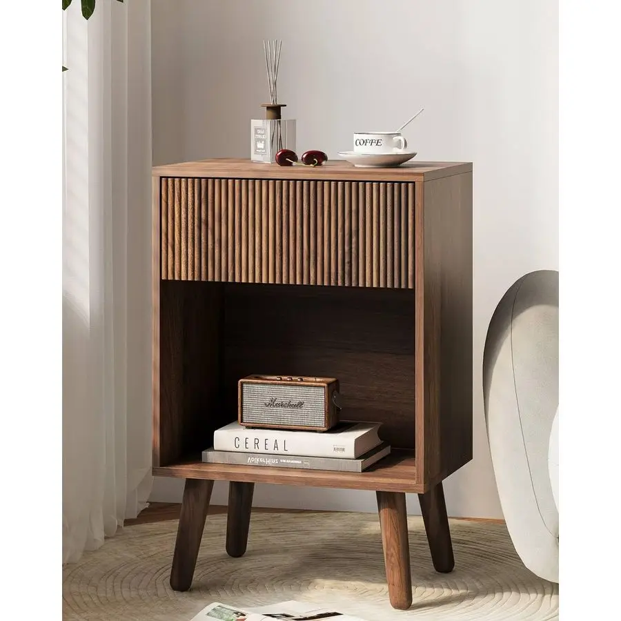 

Modern Bedside Table with Storage Drawers and Open Wood Shelf, Night Stand with Solid Wood Legs, End Tables Side Tables for Livi