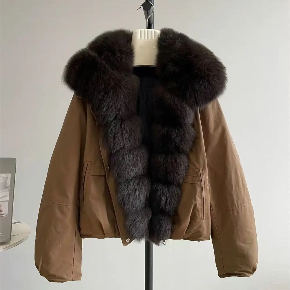 Chaqueta de plumón Parker gruesa y cálida para mujer, abrigo con cuello de piel de zorro desmontable, prendas de vestir cortas y cálidas, novedad de 2025