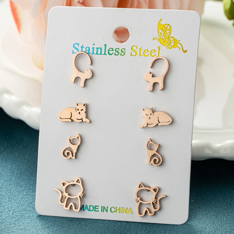 4Pairs/Lot Lovely Stainless Steel Cat Earrings for Women Cartoon Animal Kitty Jewelry Kitten Ear Studs Party Anniversary Gifts