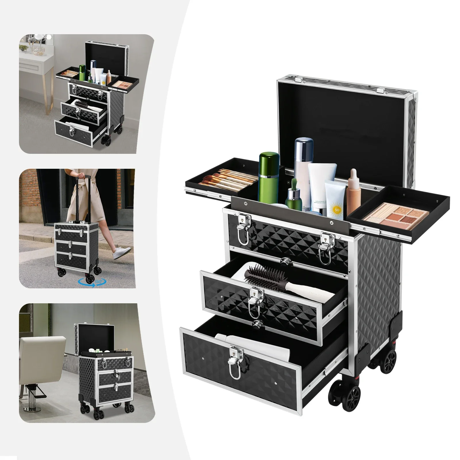 

Professional Rolling Makeup Case Aluminum Trolley Train Case with 360° Swivel Wheels for Nail Tech Hairstylist Barber, Black