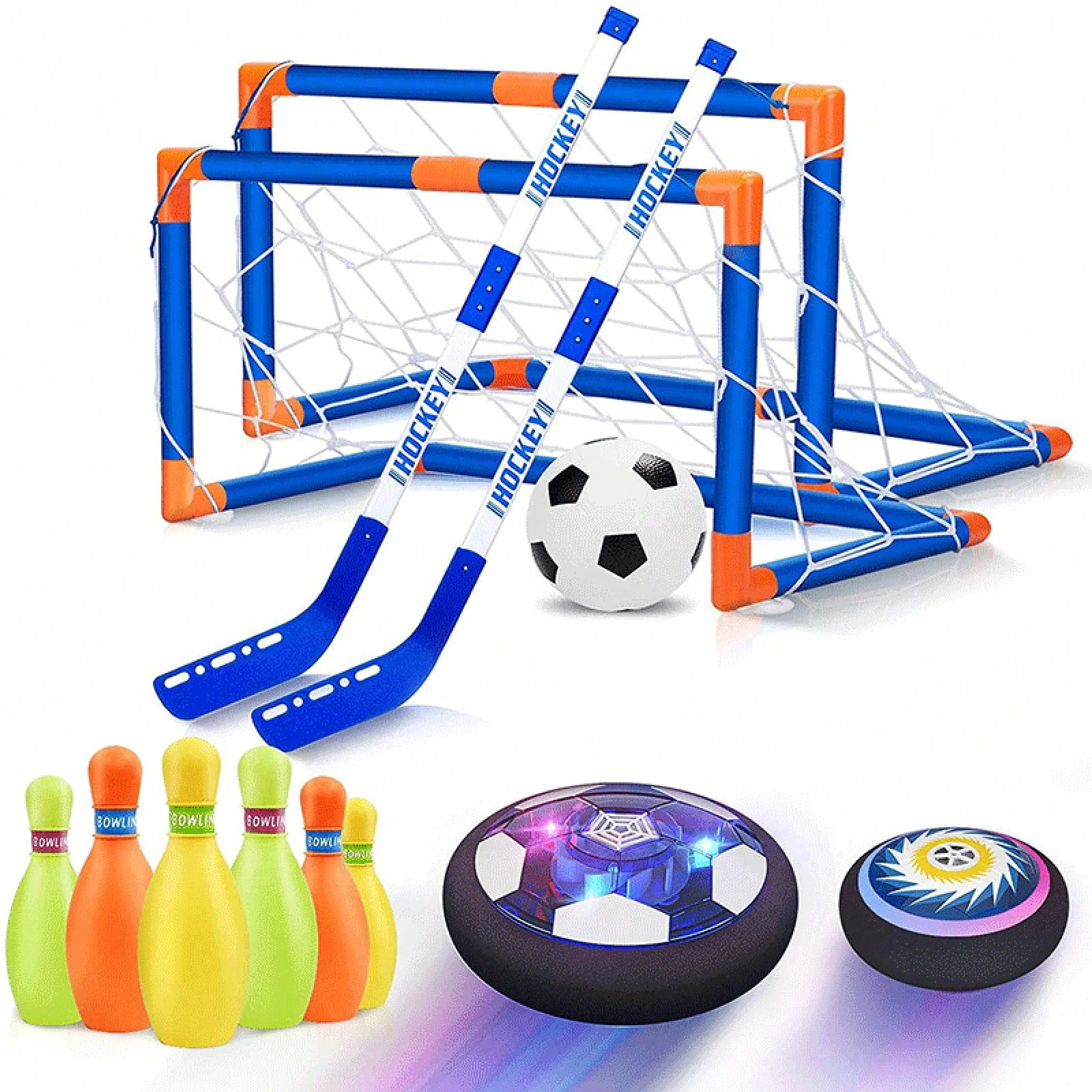 Rechargeable Hover Soccer Ball Toy Set with 2 Goals, LED Light Air‑Powered Floating Football with Soft Foam Bumper, Indoor Sports Game Toy for Kids