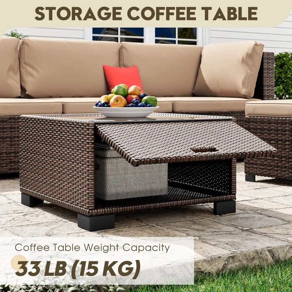 مجموعة أثاث الفناء الخارجي المكونة من 7 قطع، مجموعة أثاث الفناء المنسوج يدويًا من الخيزران أريكة مقسمة للفناء الخارجي