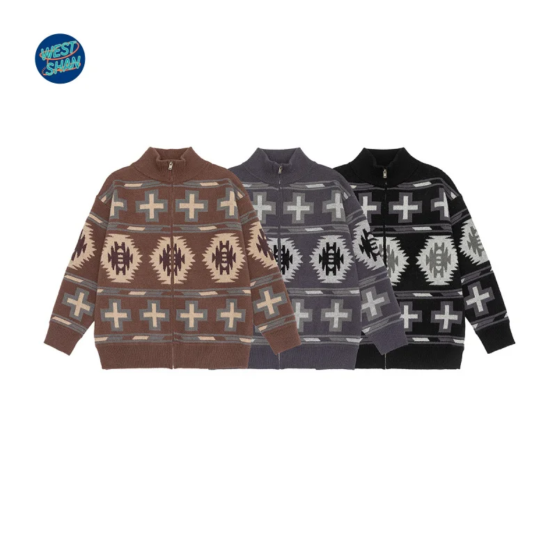 

WESTSHAN Top Quality EU US Size Winter Autumn Vintage Jacquard Men Stand Collar Jumper Tops Chunky Knit Zipper Sweater