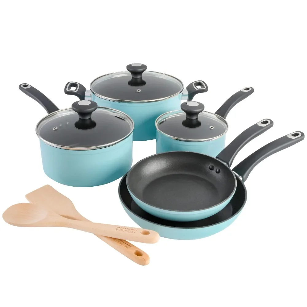 

Dusty Blue Enamel Aluminum Cookware Set, Kitchen Cookware Set, Cooking Pots, Utensils, Dining Bar, Home, Free Shipping, 10 Pcs