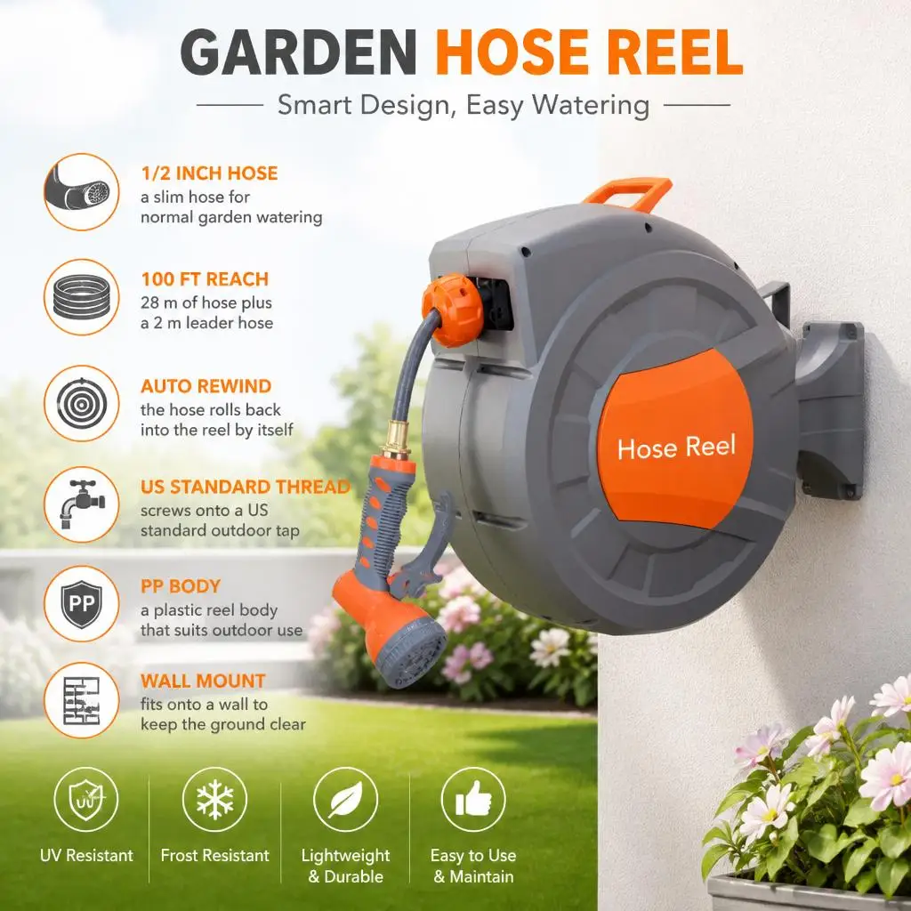 Retractable Garden Hose Reel, 1/2 Inch x 100 ft Wall Mount Auto Rewind Hose Reel with US Standard Threaded Connector, PP Automatic Retracting Outdoor Water Hose Reel for Garden Watering, Lawn, Patio, Car Washing, Yard Cleaning
