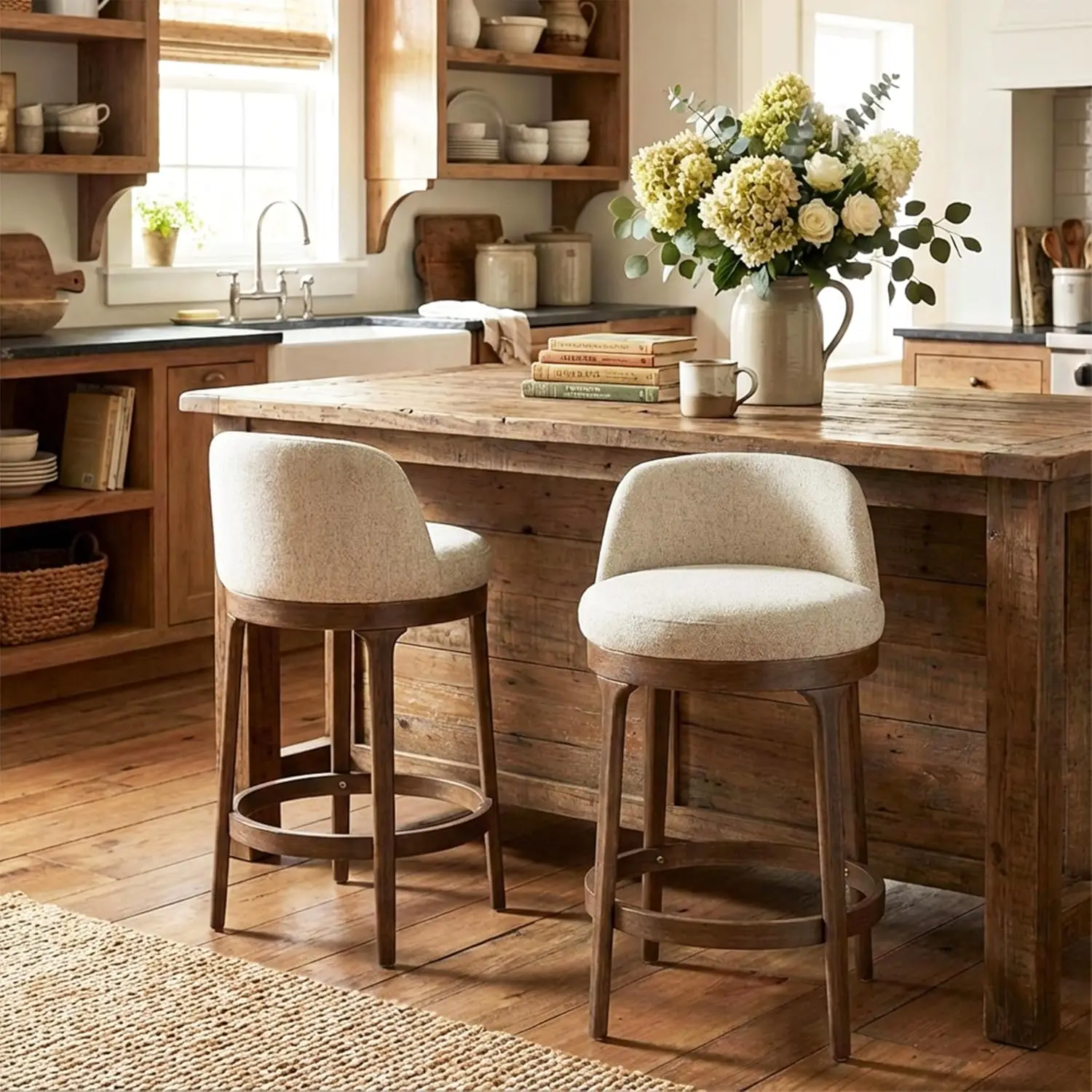 

26.5" H Bar Stools Set of 2, Indoor Wooden Counter Stools with Round Upholstered Seat, Kitchen Stools,, Beige + Walnut