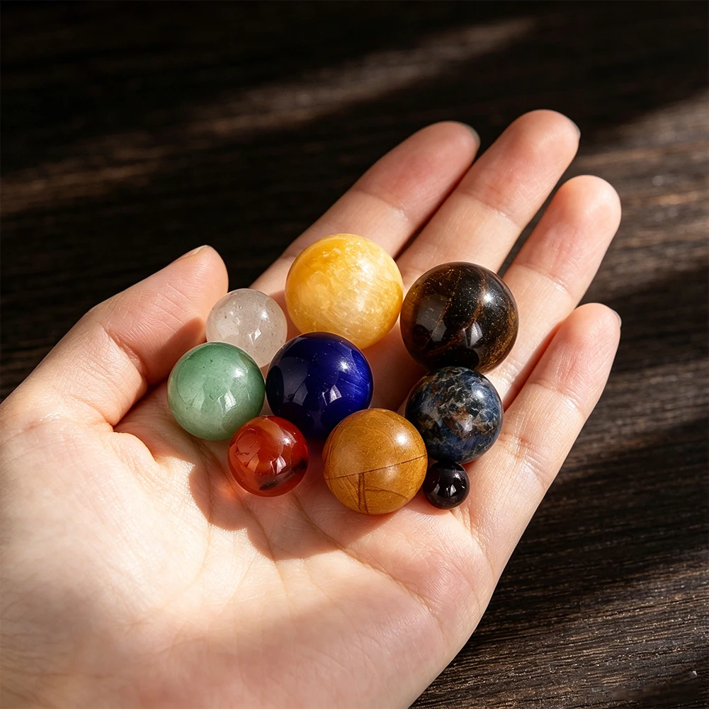 8 Planeten Naturkristall-Kugel-Set Massivholz-Aufbewahrungsbox Kosmische Planetensteine Meditation Heilung Desktop Sammlerstück Geschenk – Detail 5