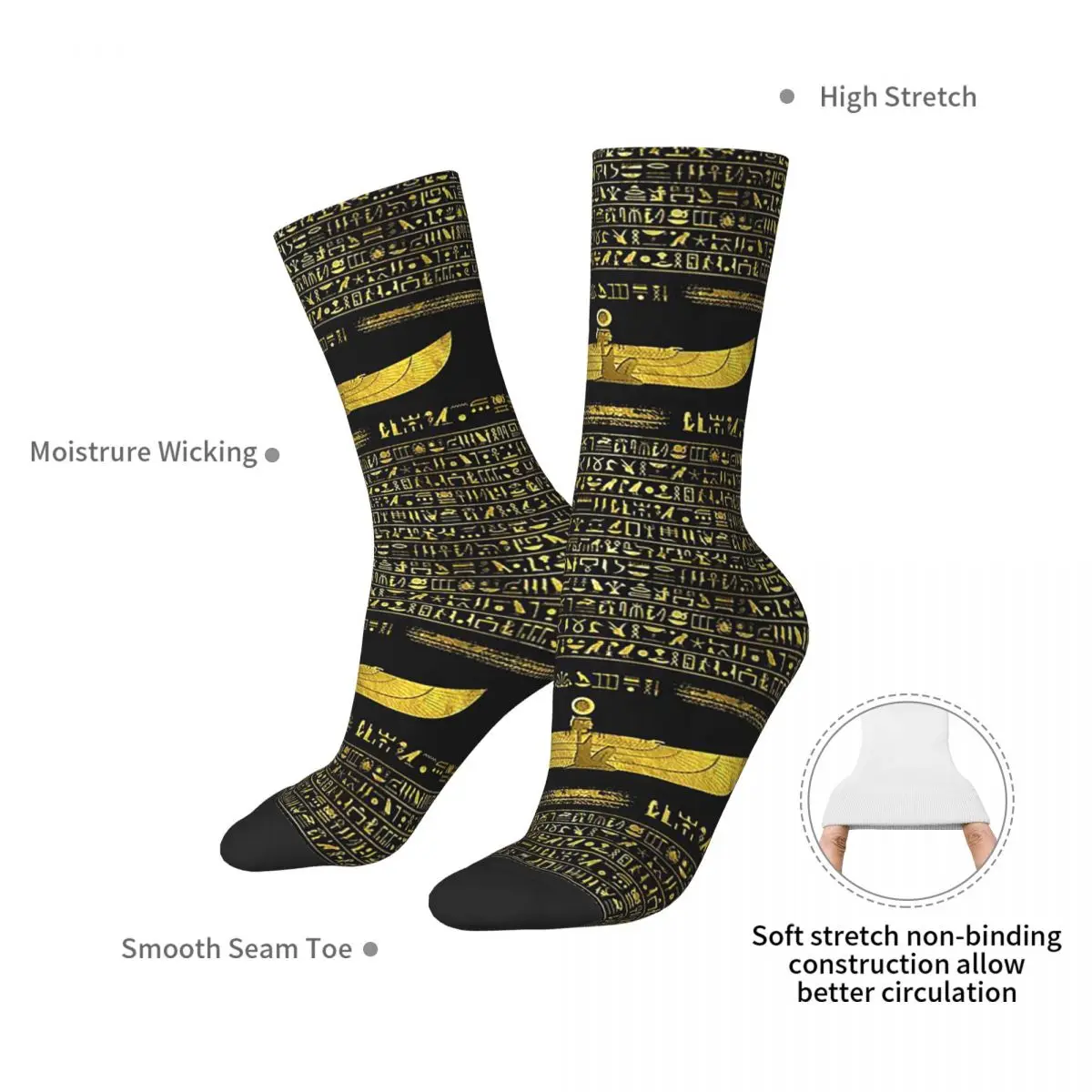 Golden Egyptian God Ornament On Black Leather Socks Harajuku Stockings All Season Long Socks for Man's Woman's Christmas Gifts