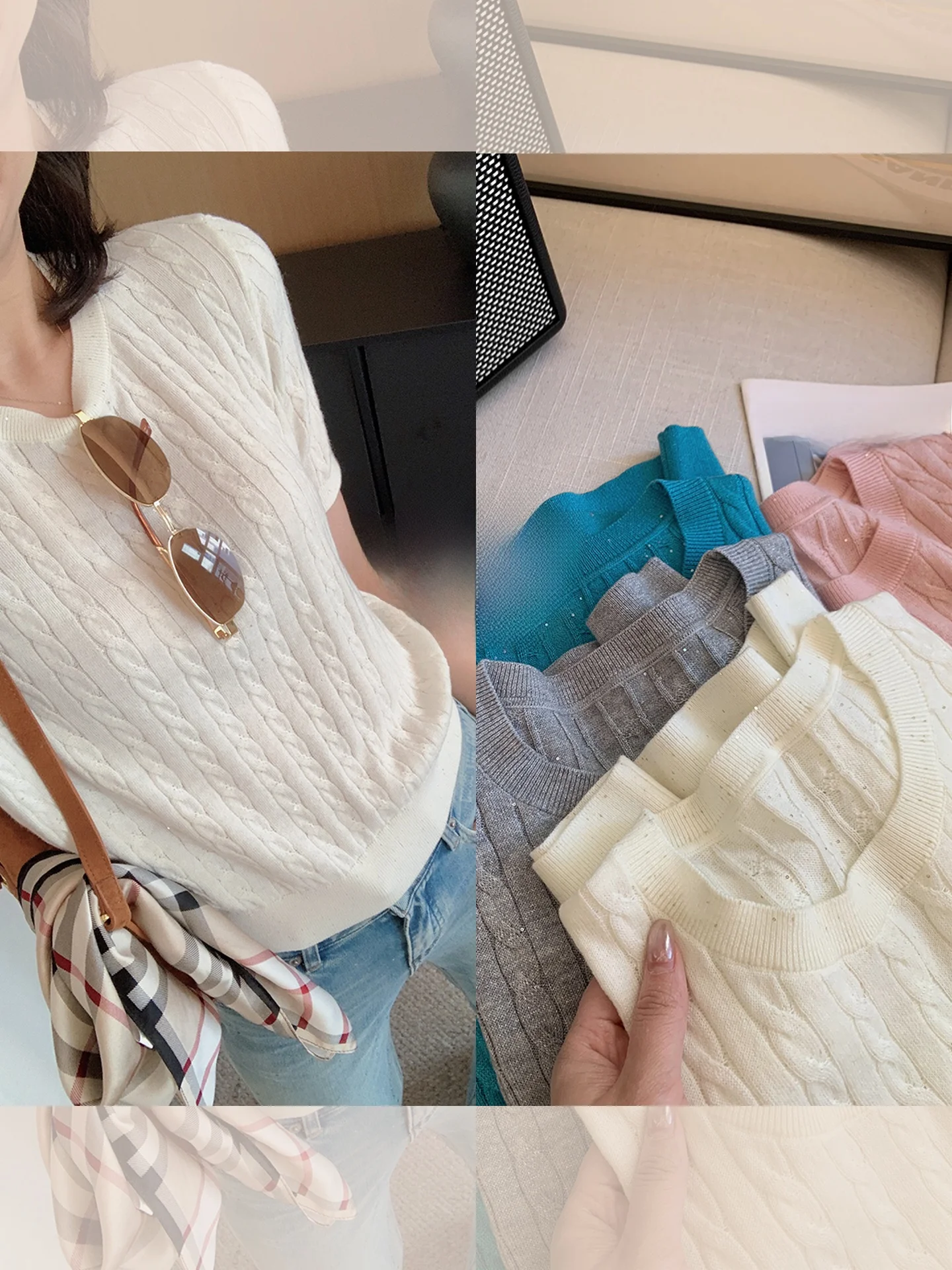 

Classic Knitted Wool Blend Top round Neck Tassel Short Sleeve Machine Washable Sparkling Thread Sequin Women's Fashion Summer