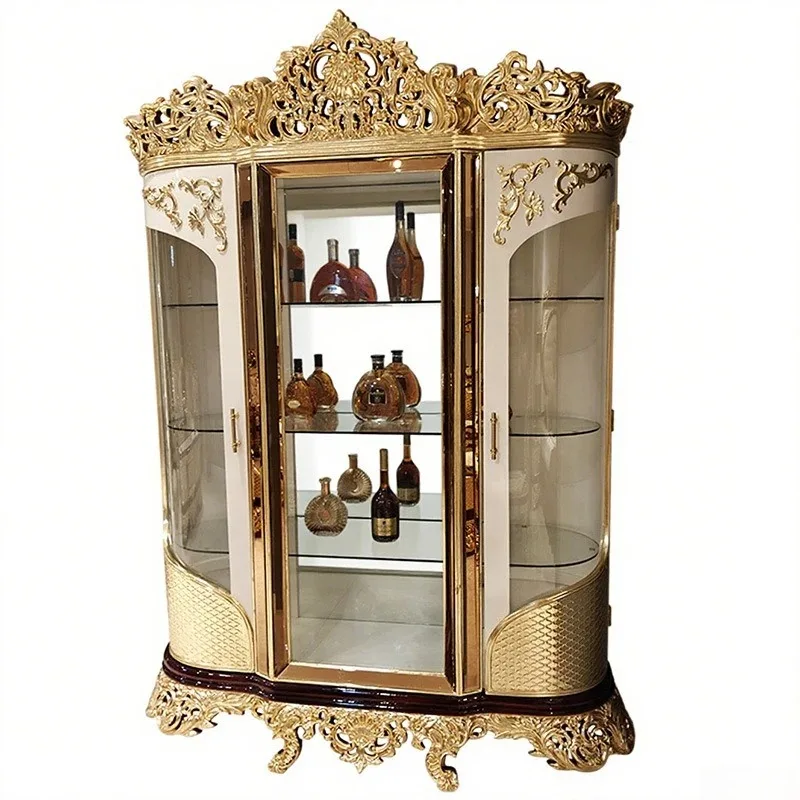 French court wine cabinet European villa high-end handmade solid wood carving flower double door painted wine cabinet