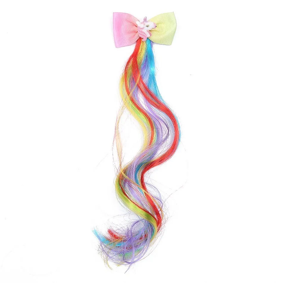 Kids Rainbow Hair Clips Unicorn Hair Extensions for Girls Children Ponytail Holder Baby Princess Barrettes Hair Bow Accessories 