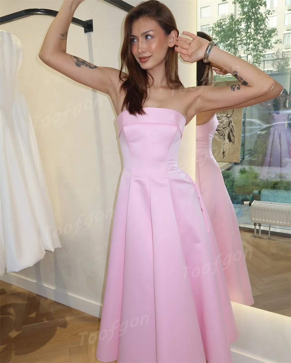 Toofan Elegantes, trägerloses, kurzes Ballkleid, maßgeschneidert, Satin, A-Linie, Teelänge, formelles Partykleid für Damen, Hochzeit, Verlobungskleid