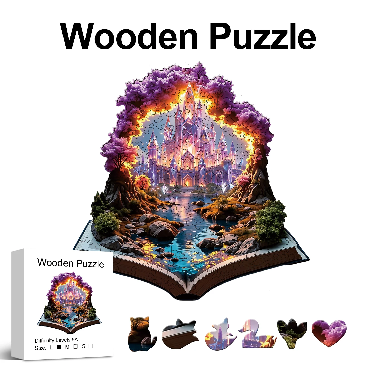 Fantasy Castle Magic Book Art Wooden Jigsaw Puzzle, Uniquely Irregular Animal Shaped Wooden Puzzle For Adults, Birthday Gifts
