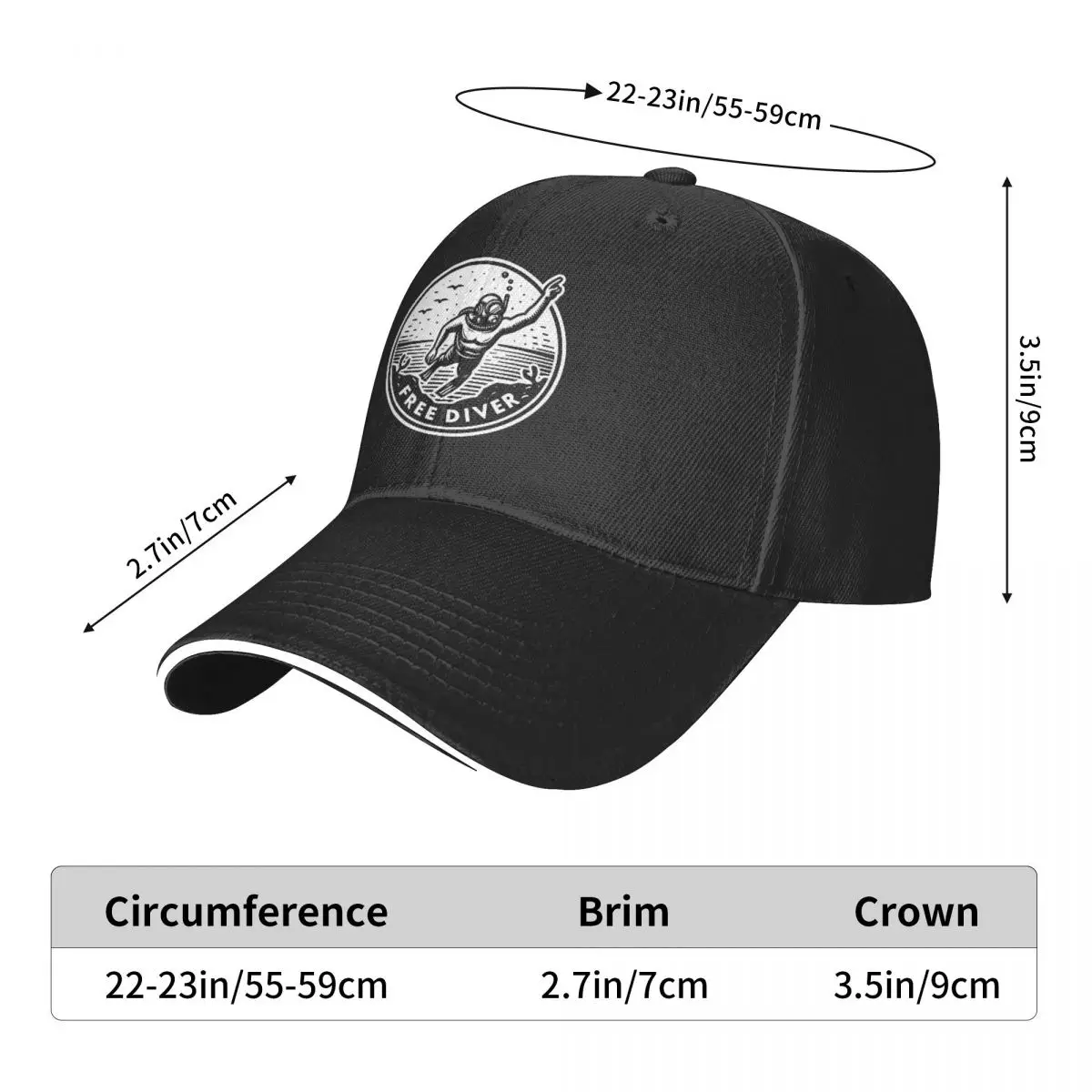Homens e mulheres Free Diver Scuba Diving Baseball Cap, Quality Hats