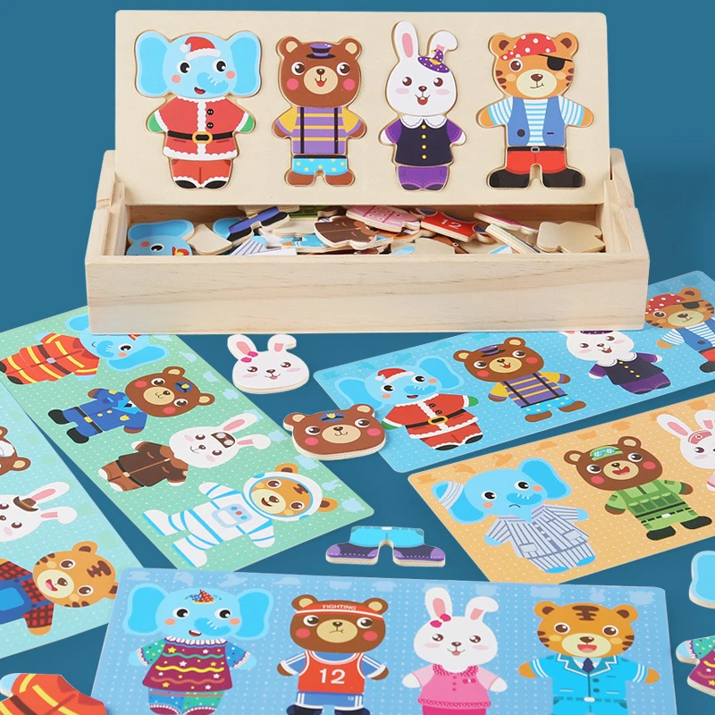 1Pc Animal Bear Change Clothes Jigsaw Puzzle Box Matching Games Wooden Dress Up Puzzles Montessori Toys Dressing Kid's Travel