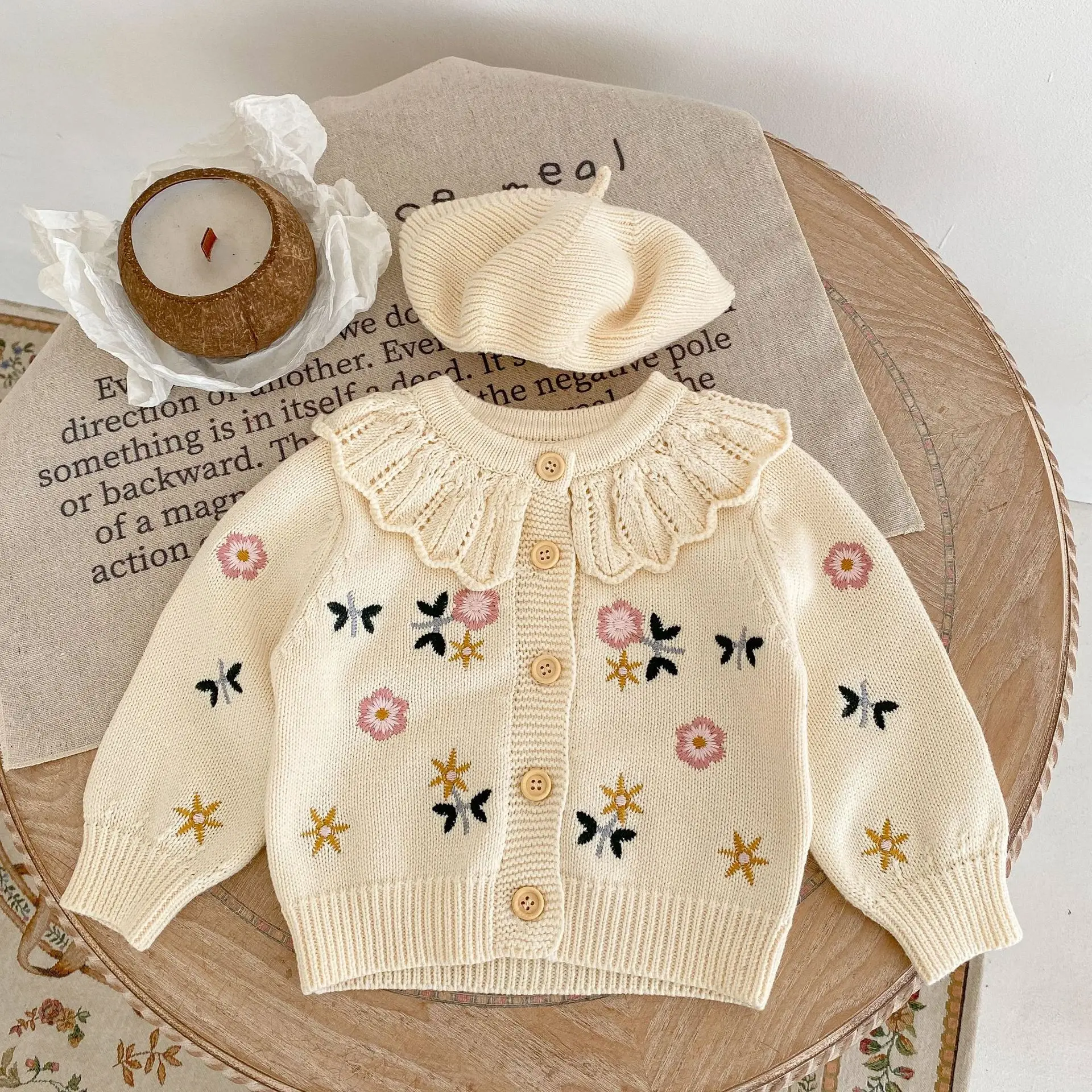 2026 Spring Stylish Girls' Baby Children's Flower Embroidered Lotus Leaf Collar Knitted Long-Sleeved Cardigan Coat for Children