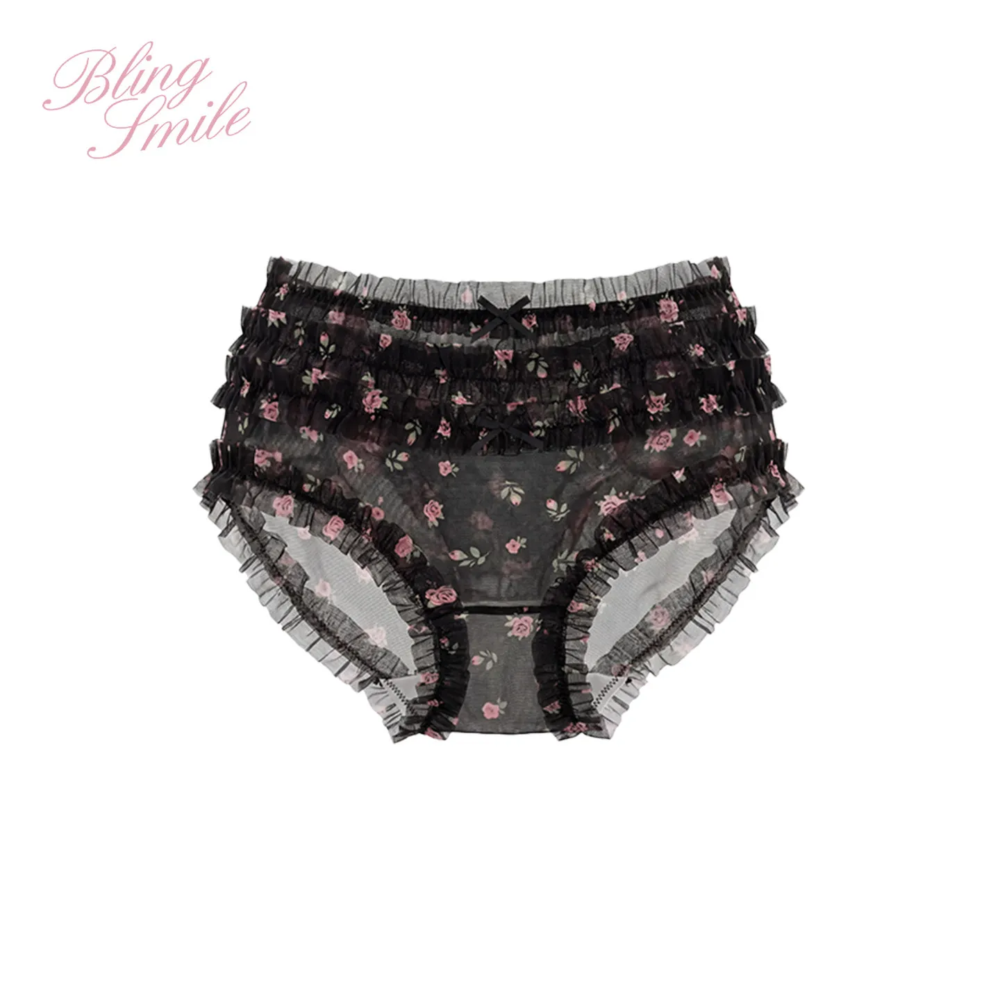 Lolita Style Women Floral Mesh Lace Panties Ruffle Trim Mid‑waist Briefs Sweet Anti‑chafing Ladies Underwear