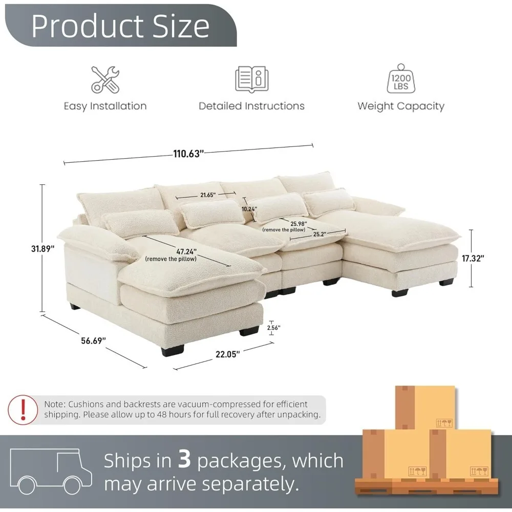 U Shape Sectional Sofa  110" Modern Chenille Comfy Modular Sofa 4 Seat Upholstery Sleeper Sofa with Double Chaise image 2