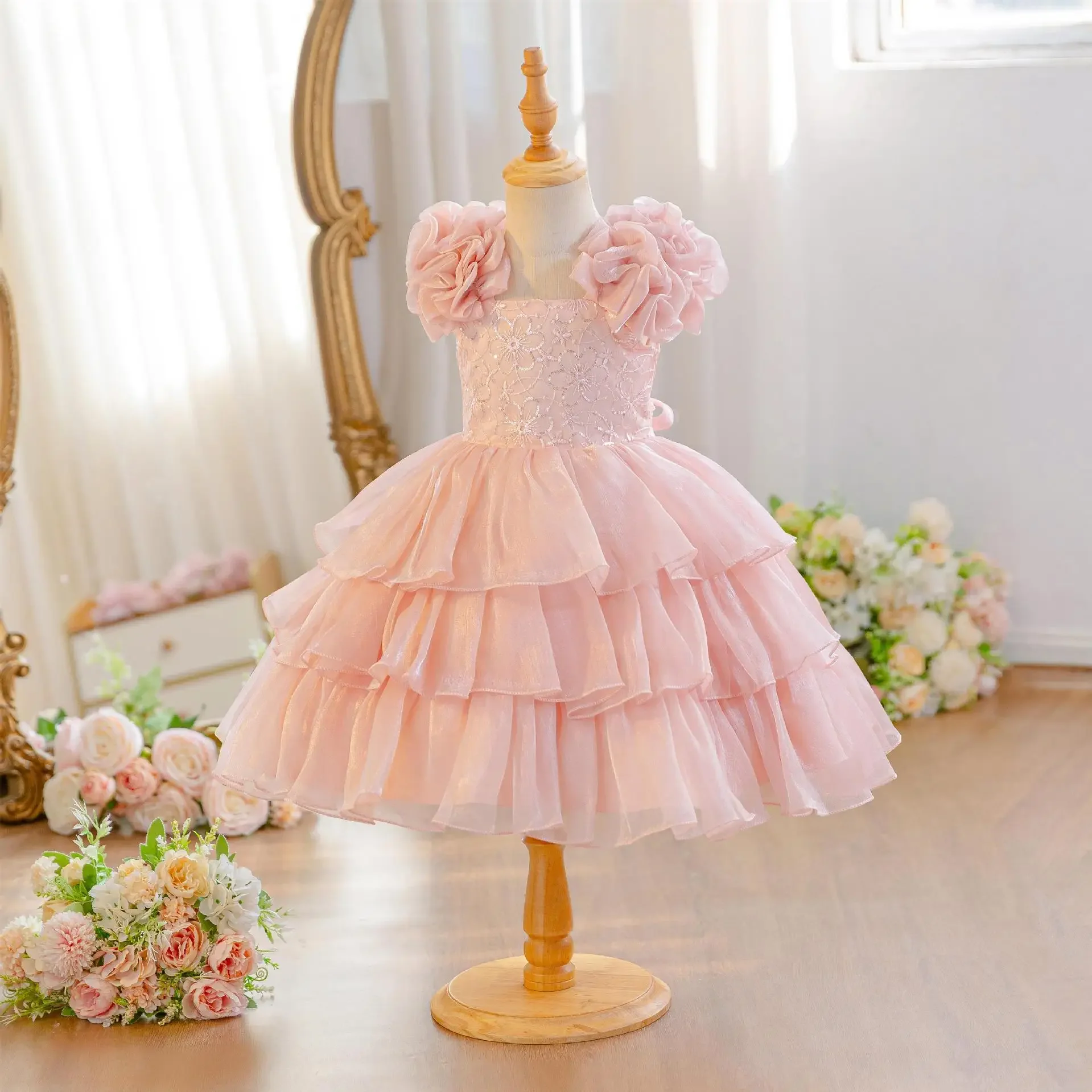 Baby Girls Summer New Version Layered Dresses Children's One Year Princess Sequined Pink Wedding Party Ball Gown 1-5Y