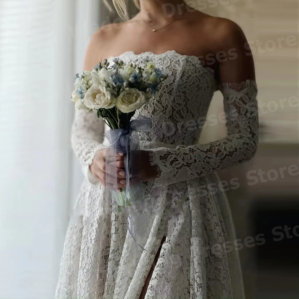 かわいい A ラインの女性のレースのバックレスストラップレスのウェディングドレス Vestido De Novia 長袖花嫁ドレスカスタマイズされたローブ・デ・マリエ