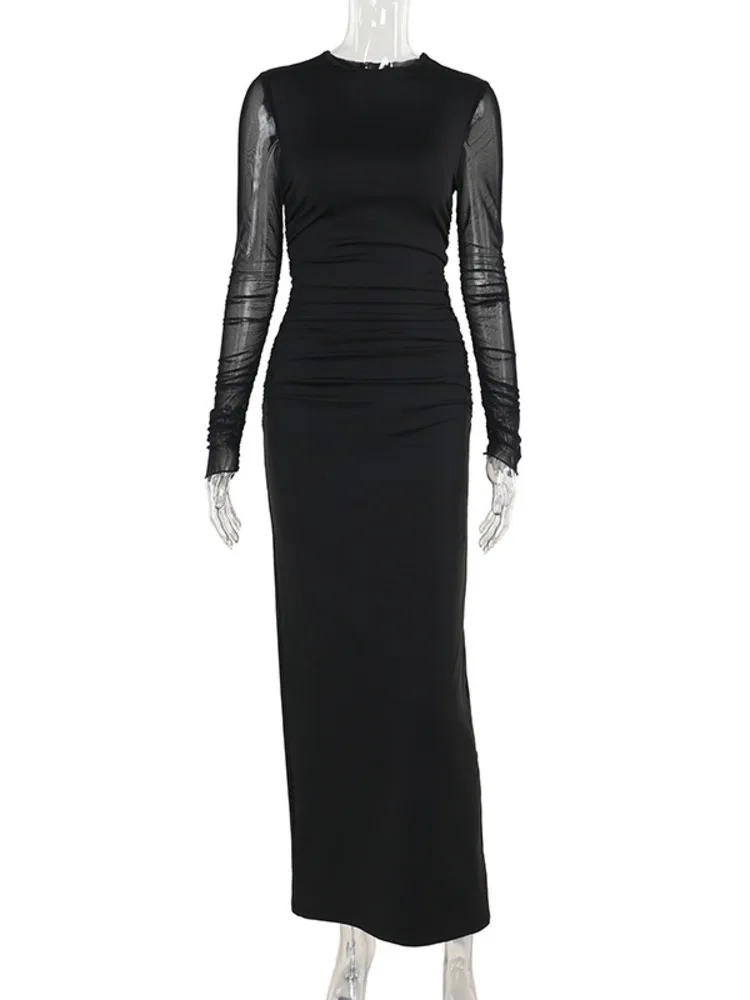 Mozision Zwart Sexy Maxi Jurk Vrouwen Herfst Nieuwe Doorschijnende Mesh Lange Mouw Slim Fit Jurk Dames Elegante Bodycon Jurken Clubkleding