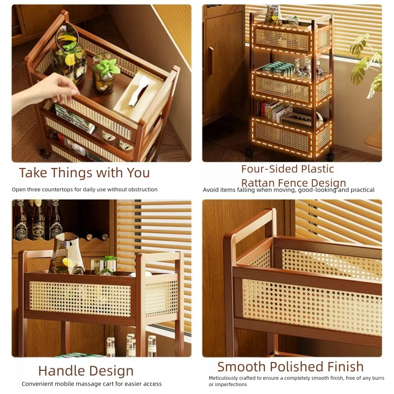 3 Tier Rolling Wood Cart Storage Organizer Movable Floor-Standing Multi-Tiered Snack Cart Storage Rack For Bedroom Multifunction image 5