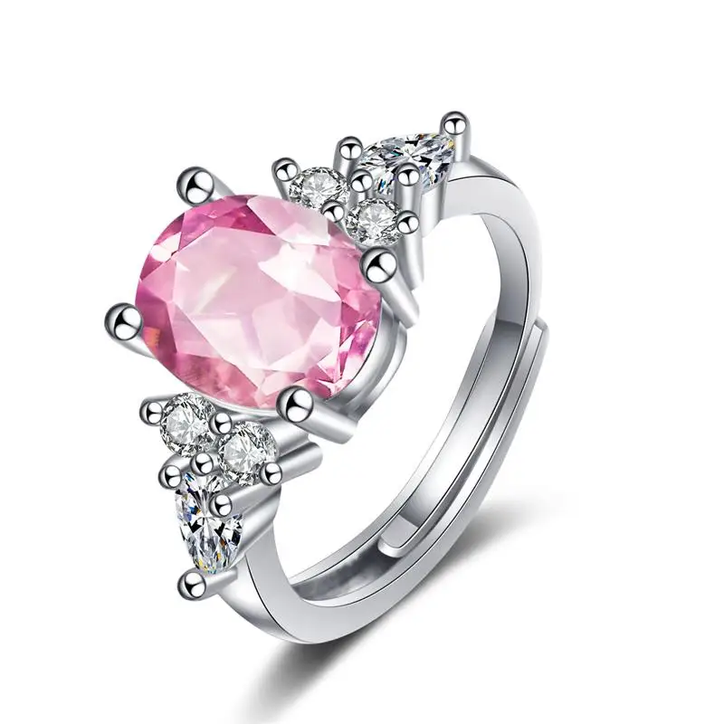 

New Fashion Jewelry Luxury Oval Pink Crystal Ring For Women Girls Genuine 925 Sterling Silver Opening Finger Ring Wedding