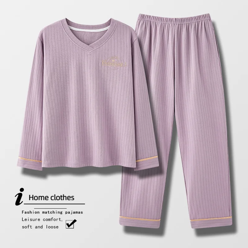 Conjuntos De Pijama Large Size Cotton Long Sleeve Women's Pajamas Set V Neck Top Trousers Sets Home Wear Sleepwear Clothes 4XL image 5