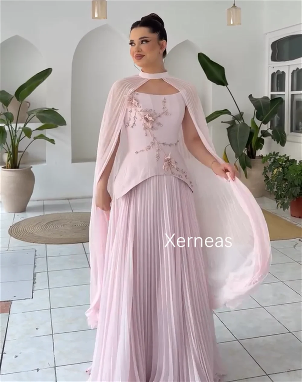 Customized Intricate Jersey Pleat Flower A-line Strapless Long Dresses Bespoke Occasion Fashion Chinese Style