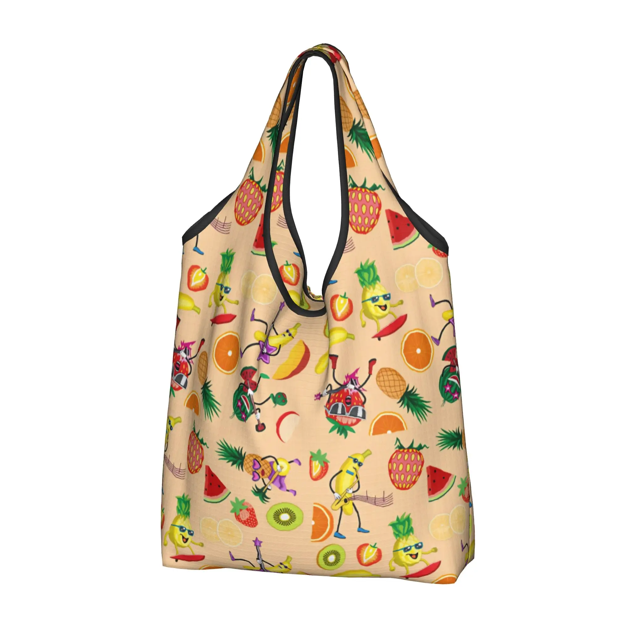Funny With Kiwi Banana Playing Guitar Grocery Shopping Bag Custom Shopper Shoulder Tote Bags Strawberry Rock Musician Handbag