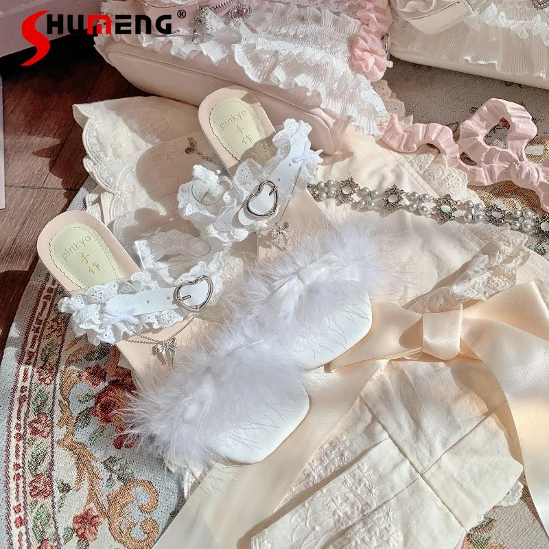 

Princess Sweet Lolita Style White Feather Lace Bow Single Band Sandals Female Thick Block Heel Elegant Daily Party Dress Shoes