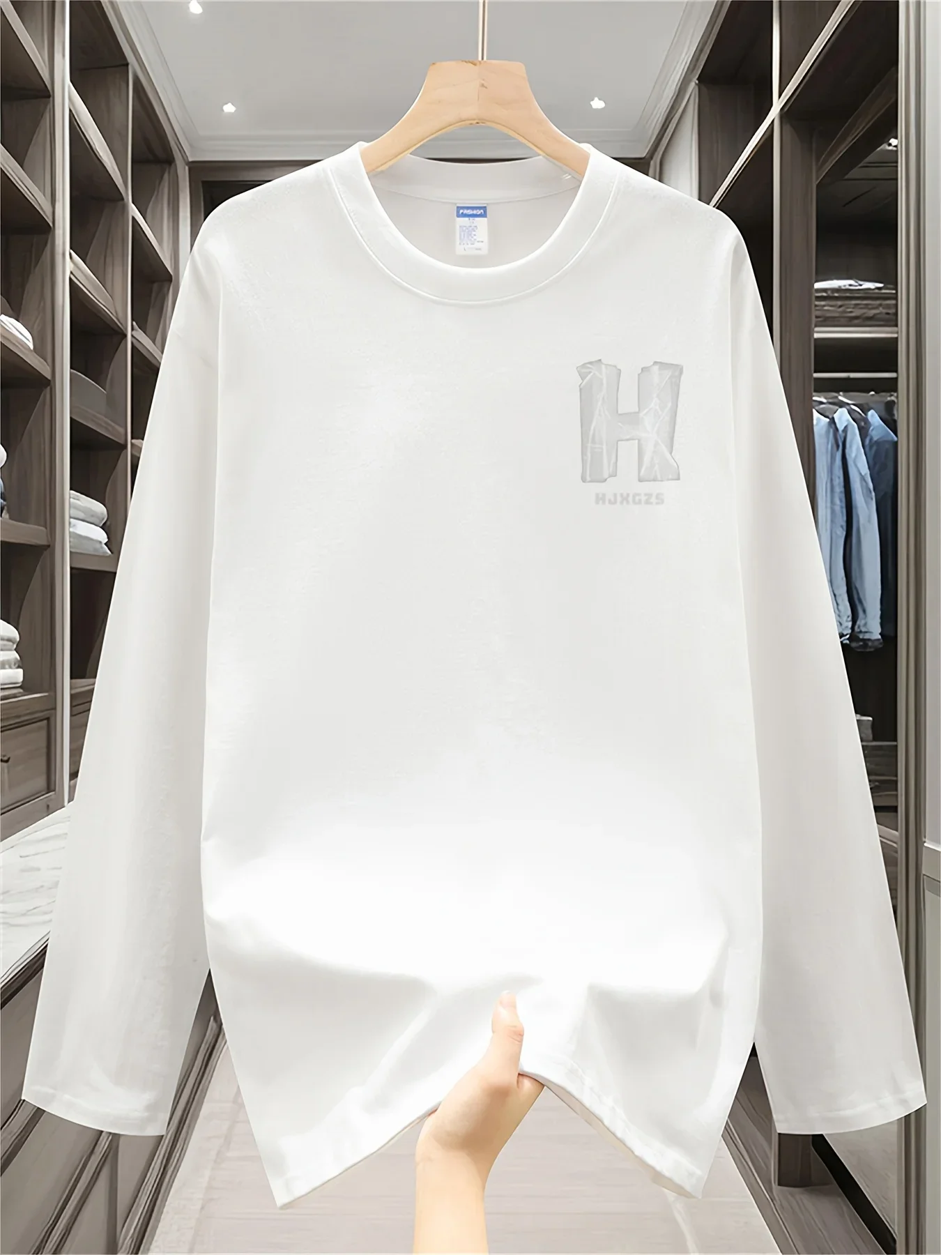 New 100% pure cotton autumn men's and women's long sleeved T-shirt, with washed creases and H letter printing, simple and trendy
