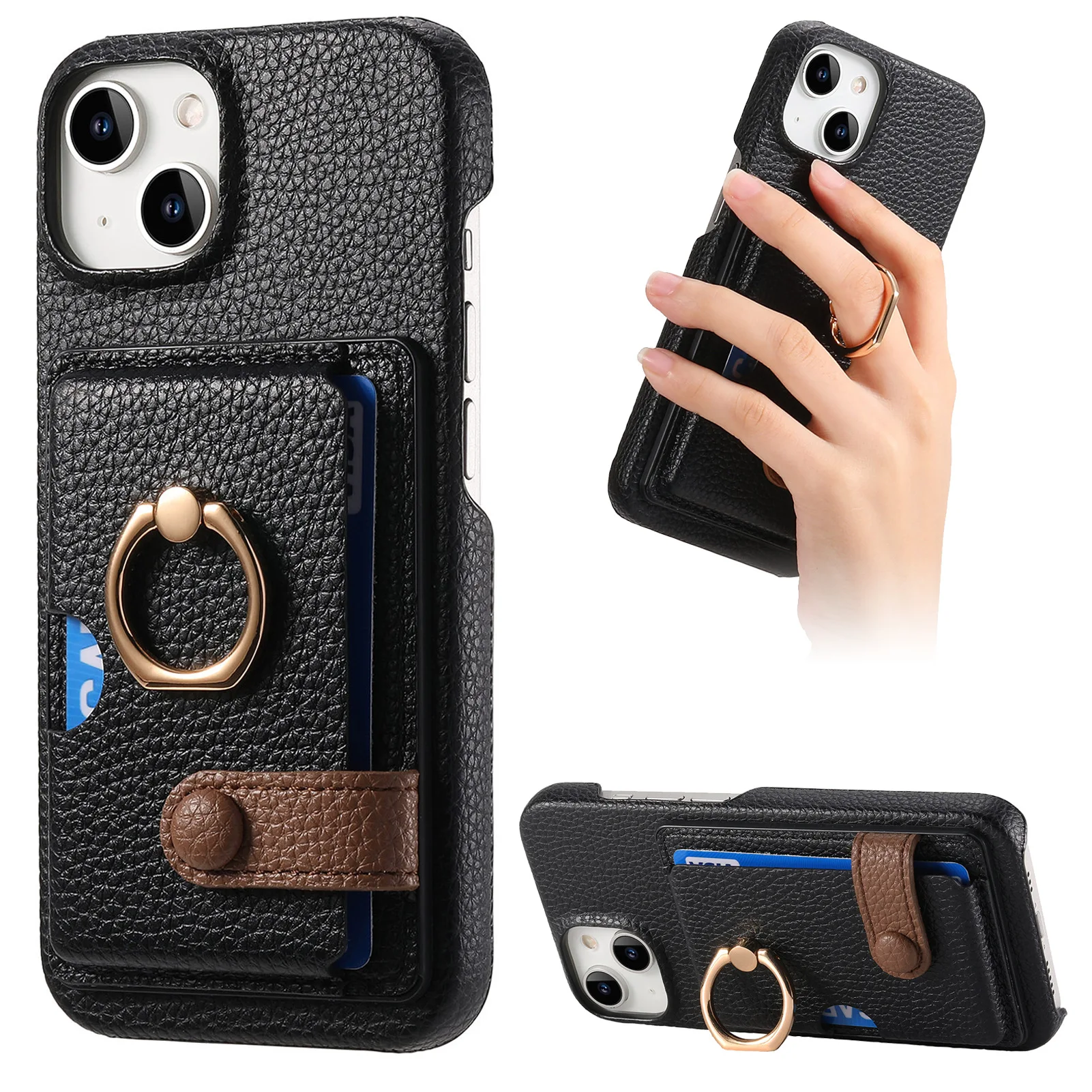 Leather Ring Support Phone Case for IPhone 17 Air 16E 18 16 15 14 13 12 11 Pro Max Plus Wallet with Card Holder Shockproof Cover