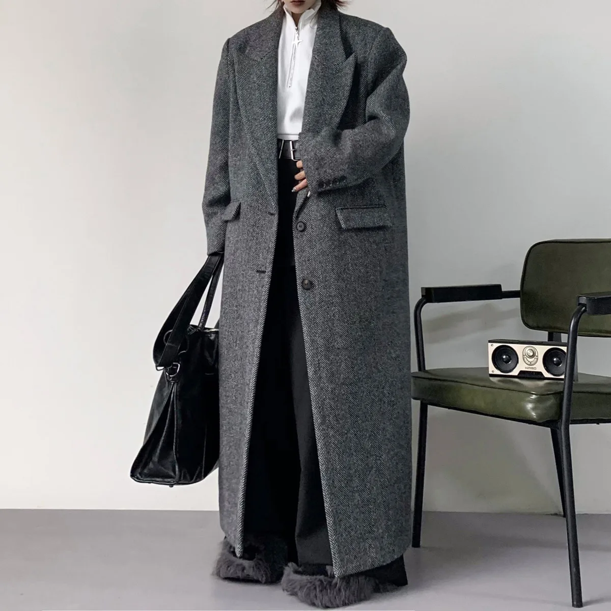 BJTZ 2025 خريف شتاء جديد الراقية نمط هيبورن البريطاني سميكة طويلة معطف الصوف متعرجة للنساء