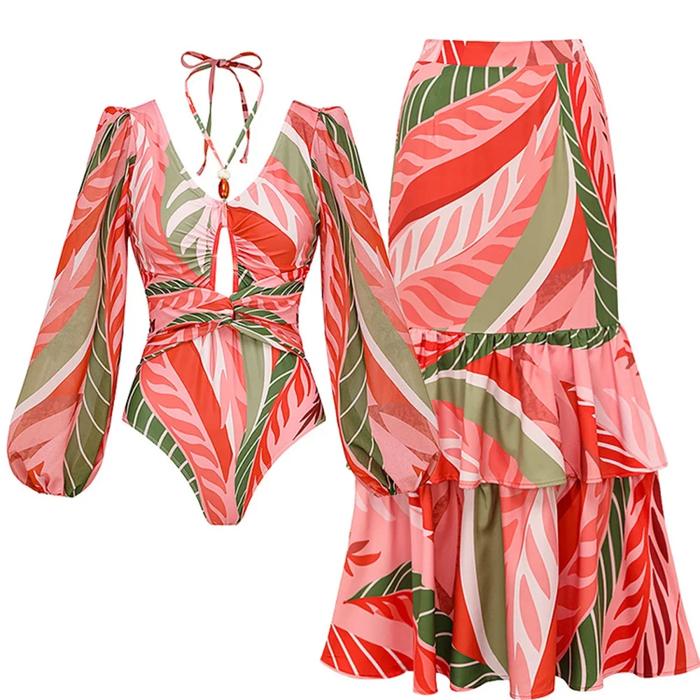 Maillot de bain une pièce pour femmes, 2 pièces, Cover-up, à volants, imprimé Dongbei, décolleté en V profond, Monokini, Kimono, vêtements de plage, été, 2024