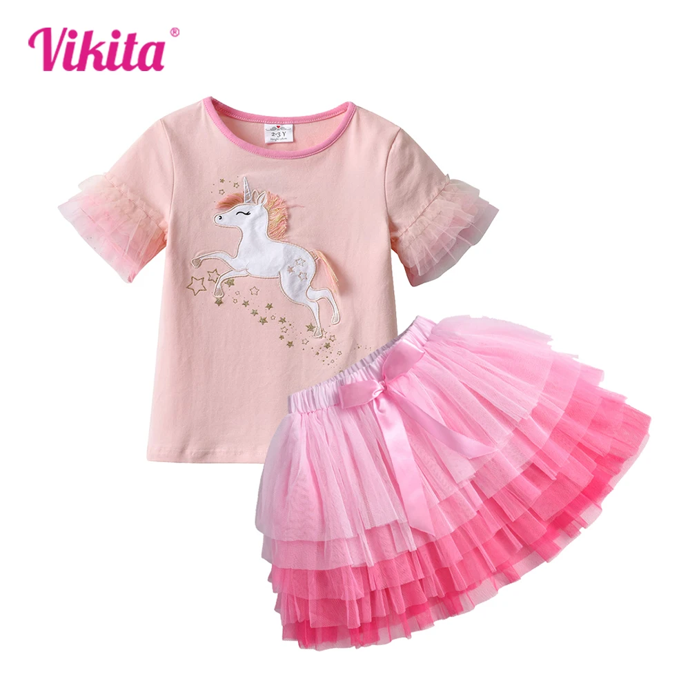 

VIKITA 2023 Girls Clothing Sets Summer Short Sleeve T-shirt+Tutu Skirt 2Pcs Kids Clothing Sets Princess Cartoon Girls Outfits