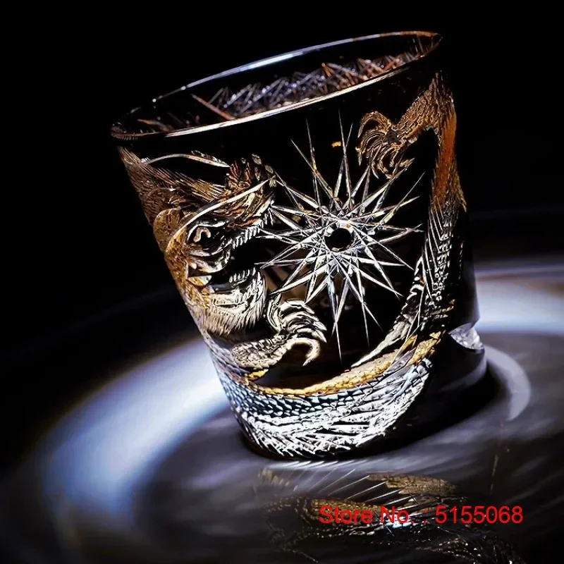 Dragon Edo Kiriko Glass Hand Cut Crystal Glass Chinese Loong Pattern Whisky Cup Black Color Top Quality Wineglass Premium Gift