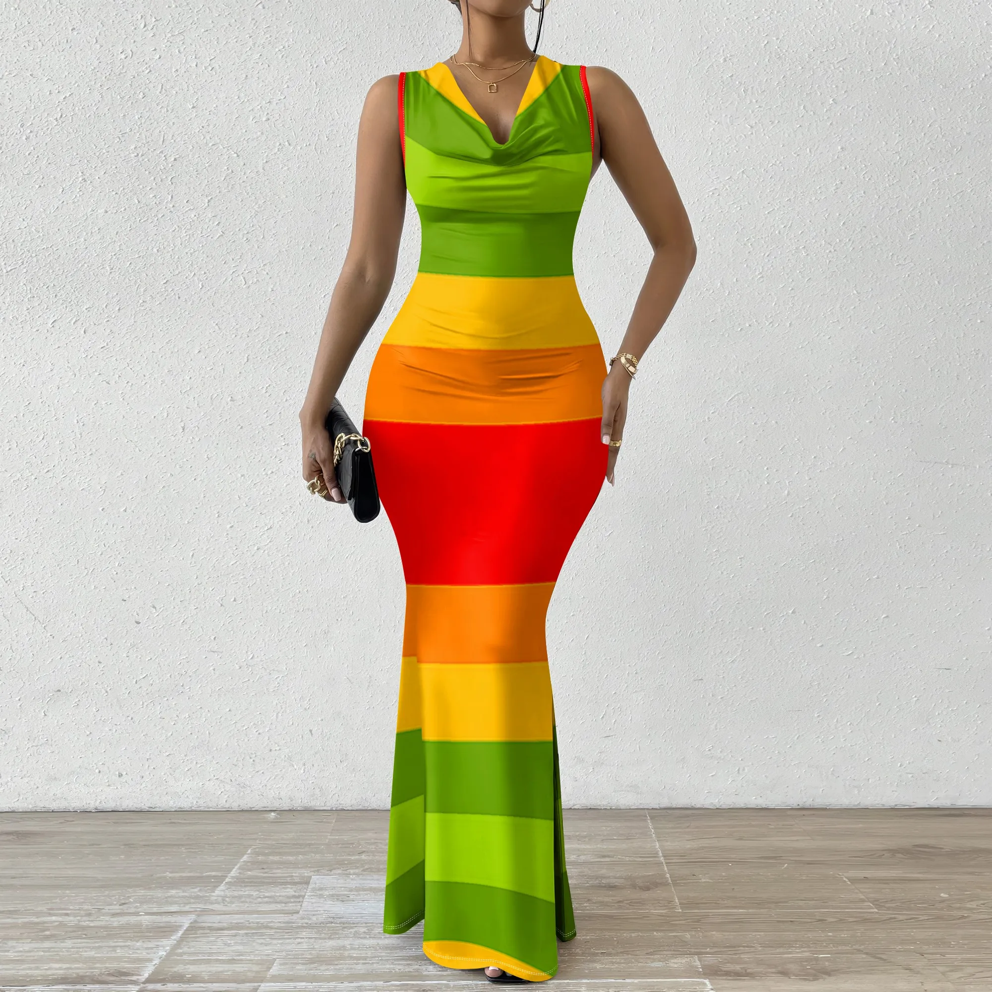

Colorblock Stripe Maxi Dress XS-2XL Sleeveless Cowl Neck Bodycon Style for Afro Streetwear, Carnival or Bold Party Look