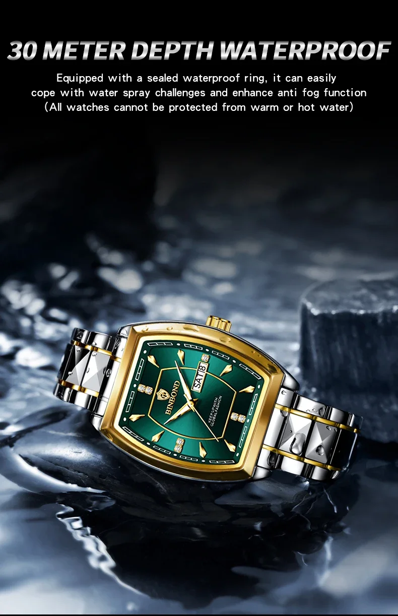 BINBOND 2pcs/Set Square Couple for Watch Fashion Stainless Men Ladies Quartz Watch Lover Waterproof Date Week Luminous Watch