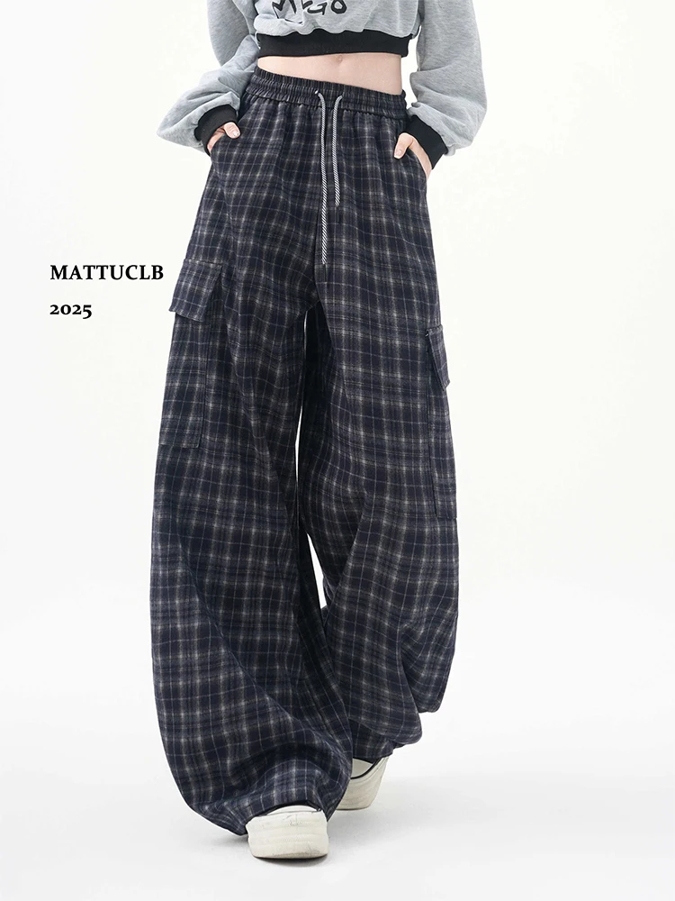 2025 가을 겨울 여성 대학 스타일 체크무늬 와이드 핏 조거 팬츠 힙합 롱 트라우저 배기 하라주쿠 바지 스웨트 팬츠 신상품