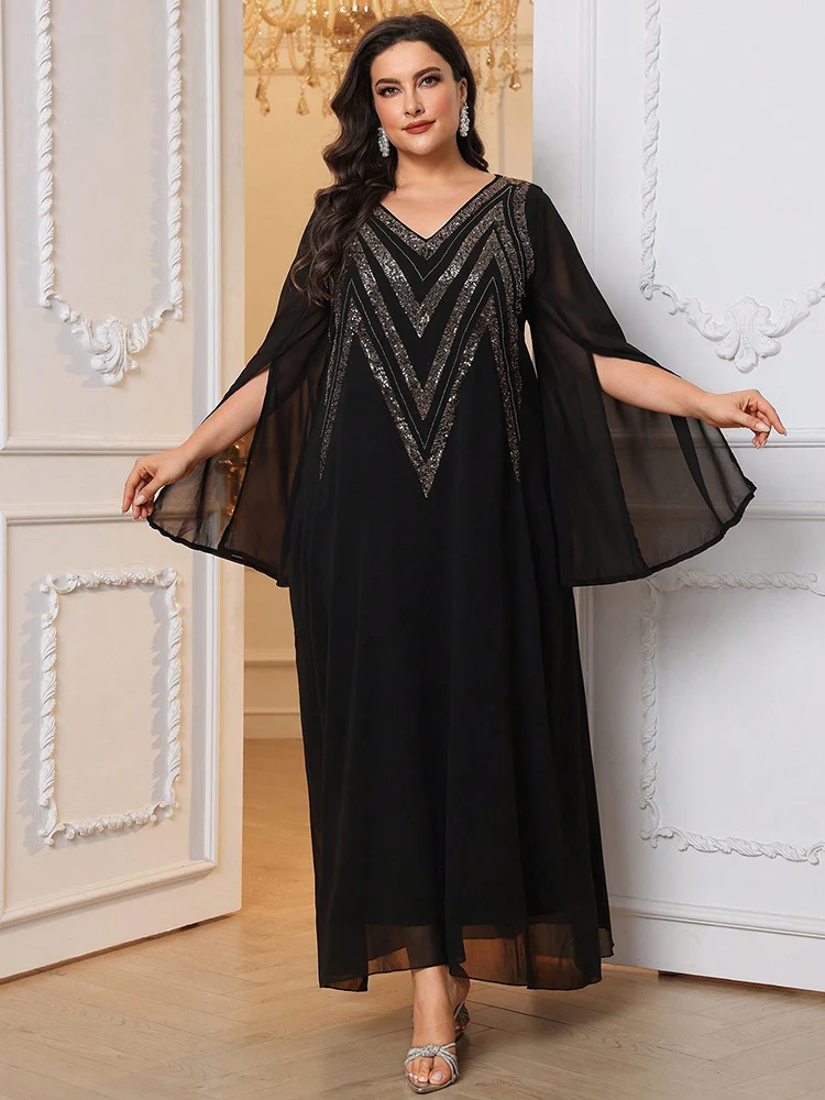 TOLEEN Plus Size Black Sequined Elegant Maxi Abaya Dress For Women 2024 New Luxury Elegant Arabian Formal Party Evening Dresses