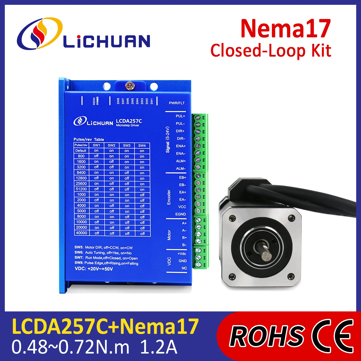 Lichuan Nema17 Closed loop stepper motor 0.48-0.72Nm with closed loop stepper driver DC24-50V 6A for CNC kit