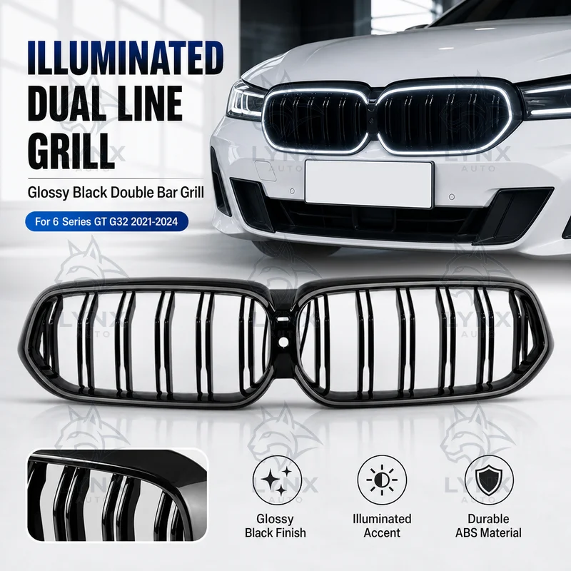 For BMW 6 Series GT G32 2021-2024 Late Modified Illuminated Dual Line Glossy Black Grill Double Bar Glossy Black Grill