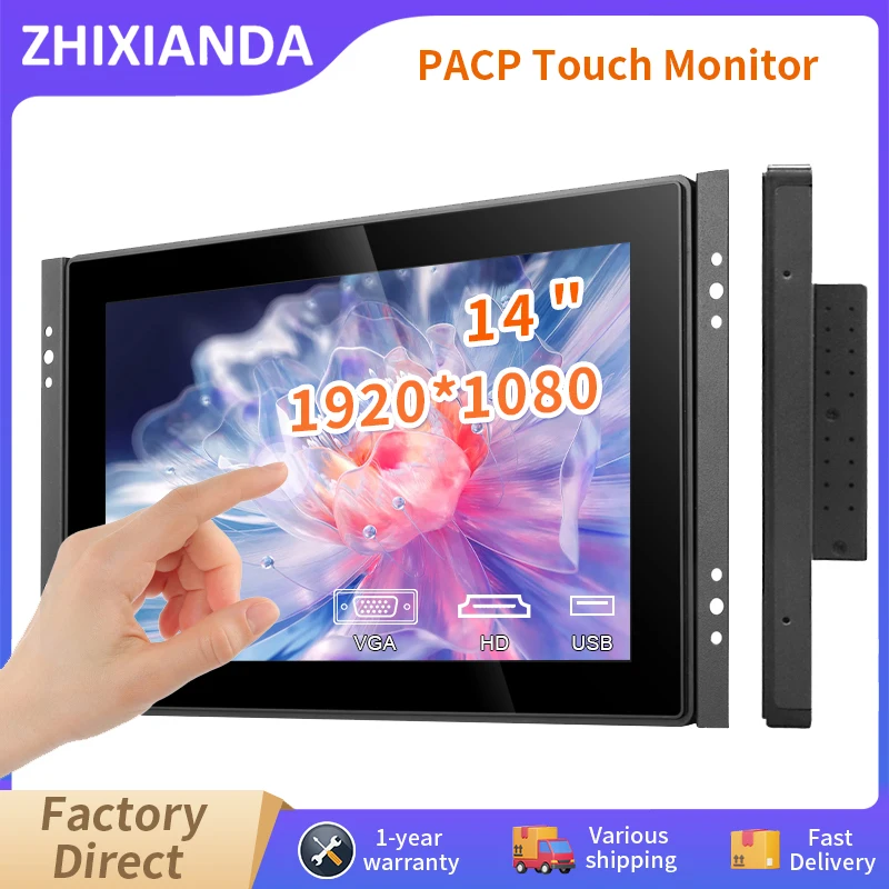 14.1 Inch Flat Capacitive Touch Screen Monitor 1920*1080 Open Frame Industrial Waterproof PACP Touch Display With  VGA HDMI USB