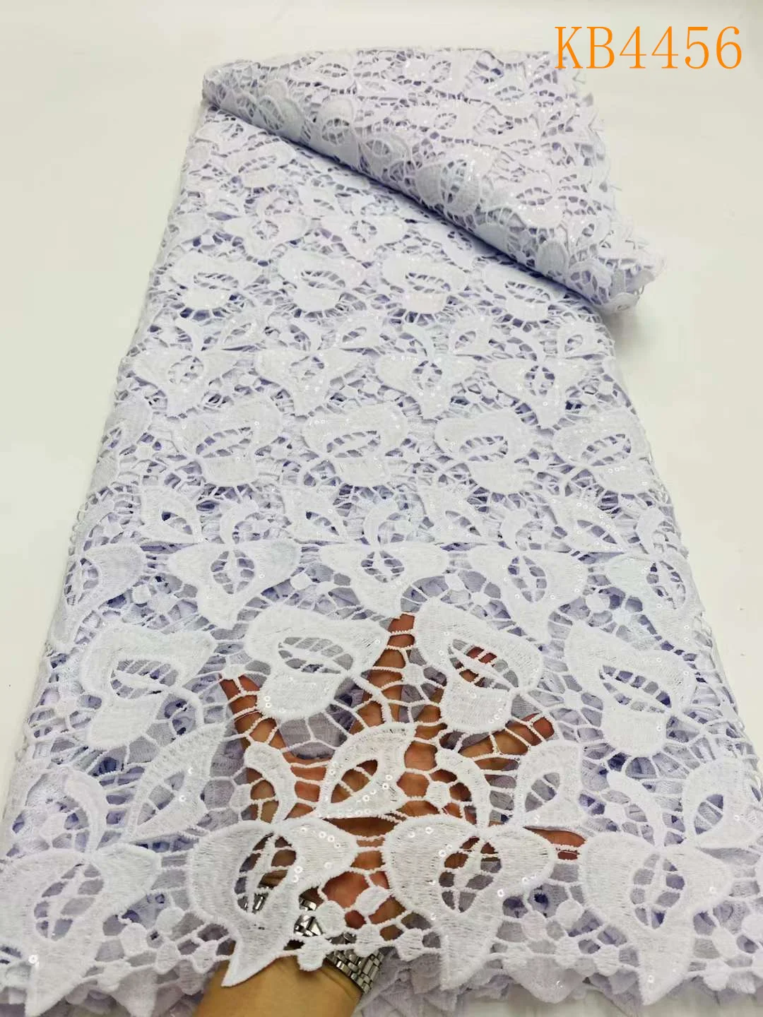 

White Guipure Lace Fabric African Cord Lace Fabric 2024 High Quality Nigerian Water Soluble Material WIth Sequins For DIY KB4456